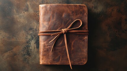 A rustic leather notebook tied with a leather strap, resting on a textured surface, evoking a sense of craftsmanship and timeless elegance.