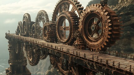 Fototapeta premium Intricate mechanical gears on bridge across landscape