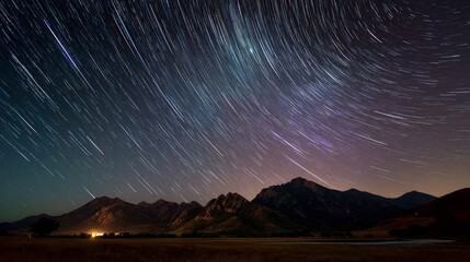 Double spiral star trails across a velvet night sky, accented by glowing meteor streaks.