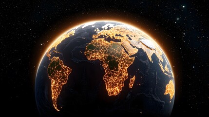 Fototapeta premium The image showcases Earth with its continents illuminated by vibrant orange lights, vividly contrasting against the dark backdrop of space filled with stars.