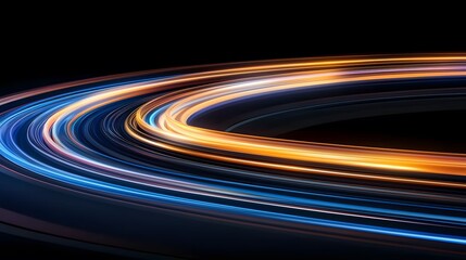 The image displays an abstract design featuring vibrant, curving light trails in shades of blue, orange, and purple against a stark black background,creating a modern feel.