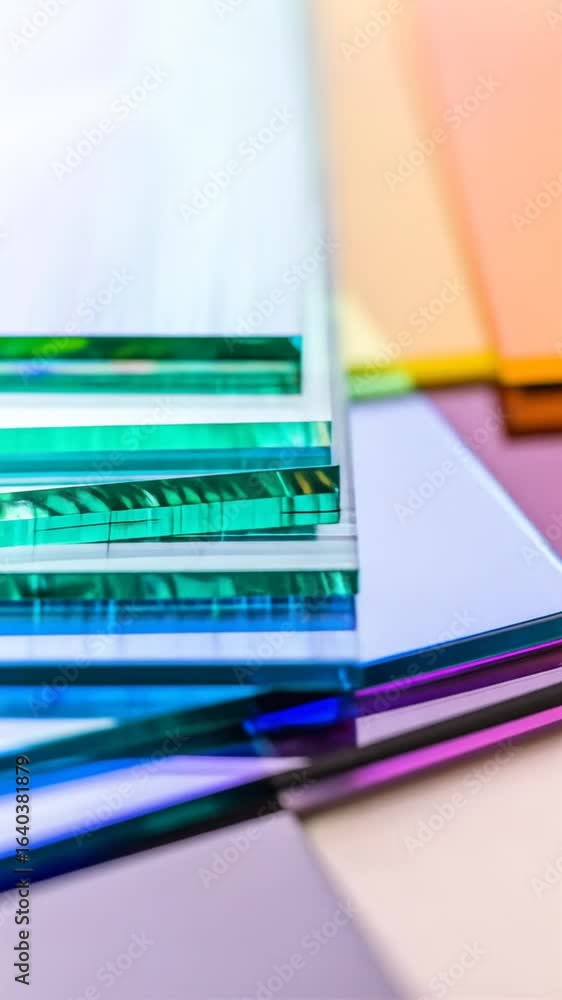 Poster colorful glass sheets stacked with geometric patterns and transparent textures against a multicolore