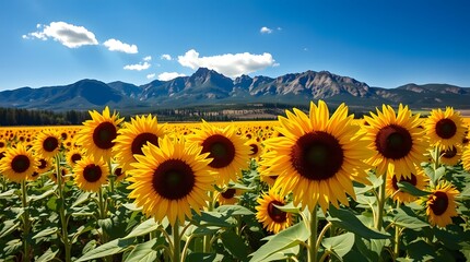 Obraz premium Vibrant sunflower field blooming under a sunny blue sky with a majestic mountain range in the background