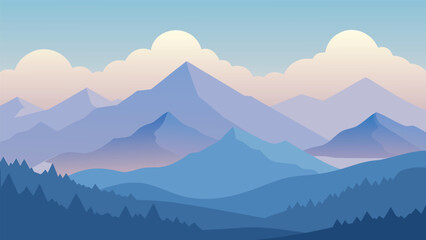 Naklejka premium A serene blue and purple landscape featuring mountains and trees under a clear sky.