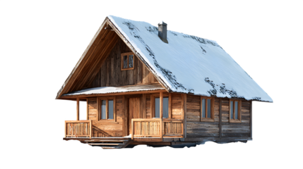 Snowy wooden cabin, isolated on transparent background