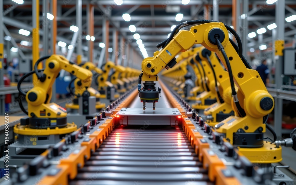 Poster automated robotic arms working on a production line in a factory setting.