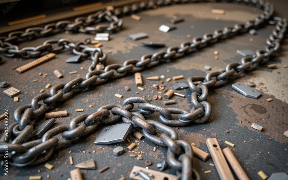 Poster rusty chains scattered on a textured surface with various metallic objects.