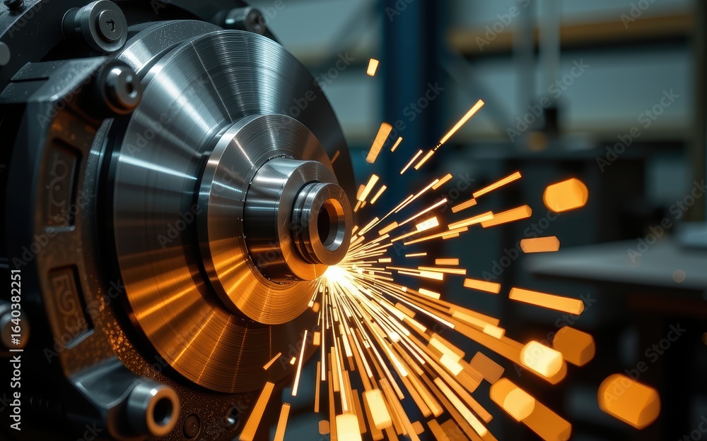 Poster close-up of a metallic component with sparks flying during machining process.