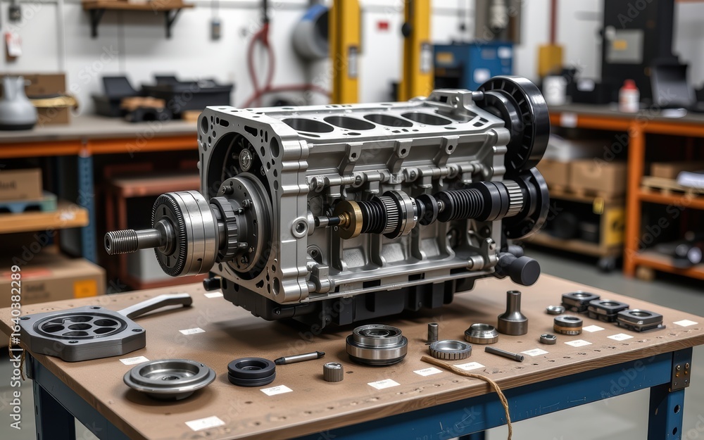 Poster engine components displayed on a workbench in a mechanical workshop.
