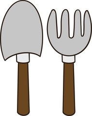 2 garden tools, a fork and a shovel with handles