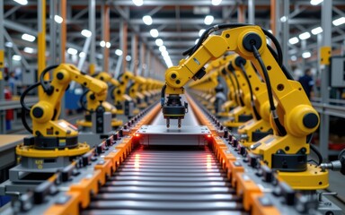 Automated robotic arms working on a production line in a factory setting.
