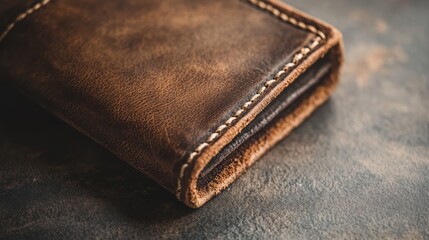 A close-up of a brown leather wallet showcasing its texture and stitching against a rustic background.