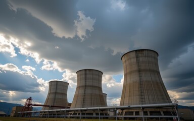 Cooling towers under a dramatic sky with clouds.