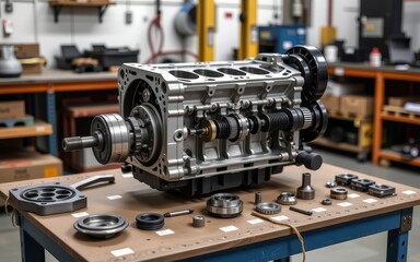 Engine components displayed on a workbench in a mechanical workshop.