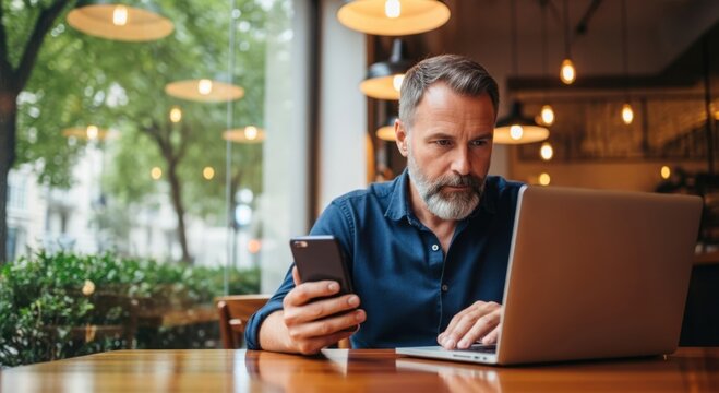 Man working on laptop and phone in a cafe