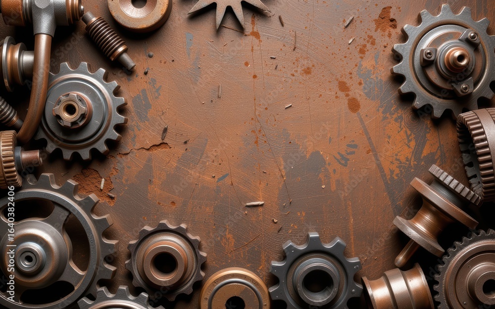 Poster rustic gears and cogs arranged on a textured metal surface.