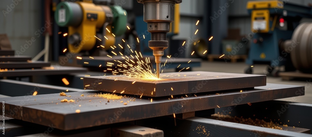 Poster precision machining process with sparks flying in a workshop setting.
