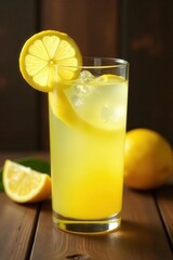 Golden aguapanela, lemon slice, wooden background, yellow, vitamin c, tropical