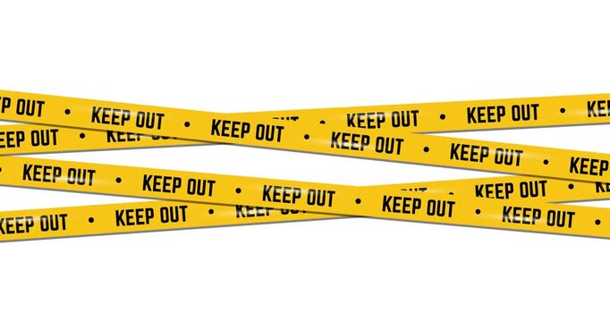 Intertwined yellow ribbons on a white background with black text saying "keep out"