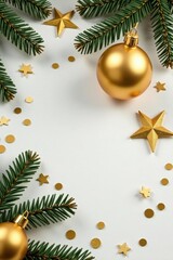 Luxury Christmas scene Golden baubles, tree branches, festive confetti on white , luxury, decor
