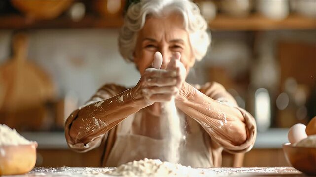 Senior woman happy baking in kitchen