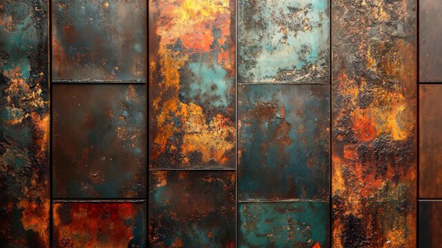 Abstract textured metal wall with rust and patina in warm colors, ideal for backgrounds or designs