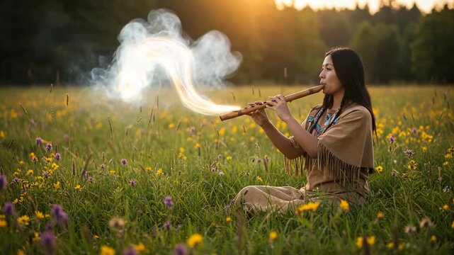 Woman playing flute in a flower-filled meadow at sunset