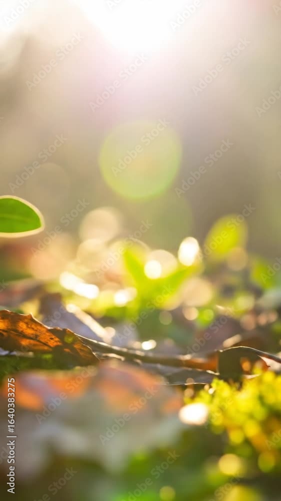 Poster lush green moss and fallen leaves bathed in golden sunlight in a forest setting with bokeh backgroun