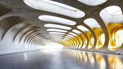 A futuristic, white and yellow concrete tunnel with large, circular, open windows and a reflective, smooth floor.
