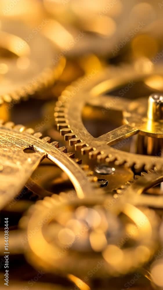 Poster intricate golden clockwork gears mechanism timepiece in extreme close up engineering precision and d