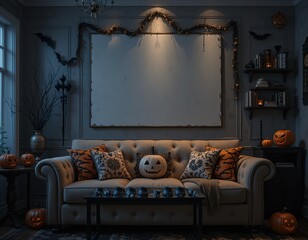 Elegant Halloween-Themed Living Room with Cozy Ambiance