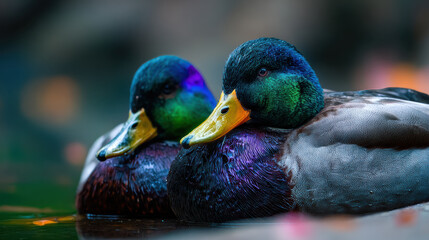 Obraz premium Two colorful mallard ducks resting on water with calm mood