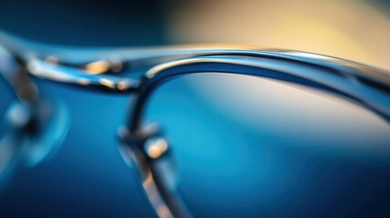 A close-up image of eyeglasses showcasing their sleek design against a blurred blue background.