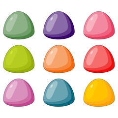 Set of assorted colorful gumdrop candies. A sweet collection of glossy, cartoon-style jelly drops isolated on white background