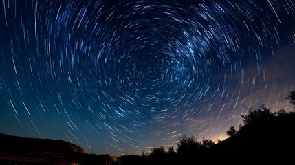 Double spiral star trails across a velvet night sky, accented by glowing meteor streaks.