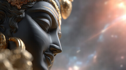 Obraz premium Black stone sculpture face with golden decoration and warm light