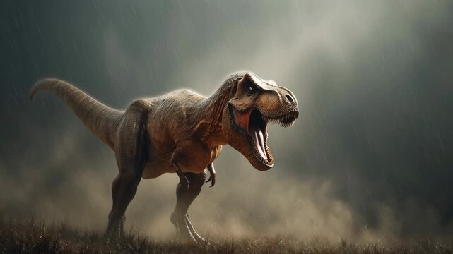 medium shot, a powerful Tyrannosaurus Rex lets out a deafening roar, captured in a dynamic low angle, rain-slicked skin, volumetric mist swirling around its feet
