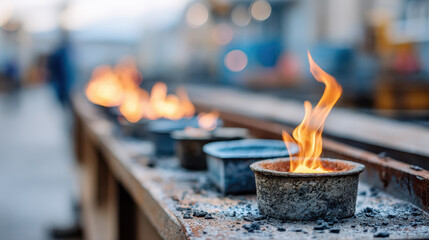 Oil lamp flame burning in metal container with blurred background