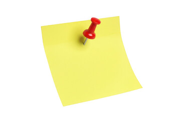 Yellow sticky note with red pin isolated on transparent background