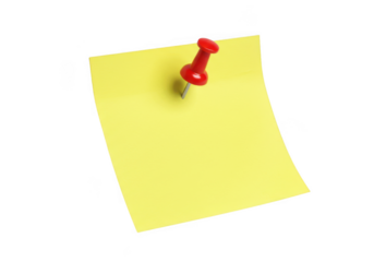 Yellow sticky note with red pin isolated on transparent background