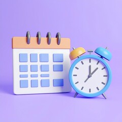 3D rendered calendar and alarm clock on purple background