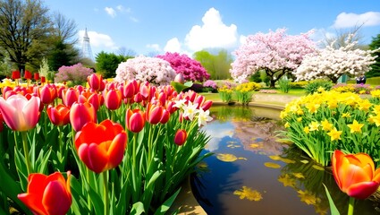 Obraz premium Idyllic spring landscape featuring a field of red tulips and blooming trees reflected in a calm garden pond