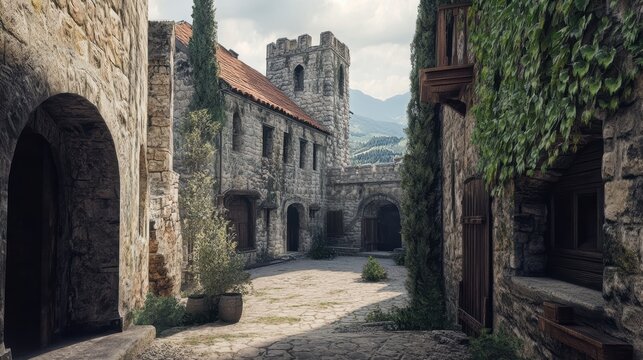 A quaint, cobblestone street lined with historic stone buildings, lush greenery, and a distant mountain backdrop, evoking a serene, timeless atmosphere. - Powered by Adobe