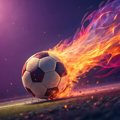 Fototapeta premium Soccer ball with a trail of fire and smoke moving across a grassy field under a purple sky football flames