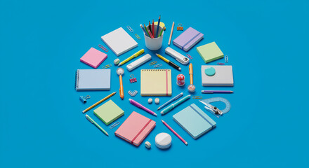 Colorful collection of stationery essentials neatly arranged in a circle for a creative back to school concept on a blue background.