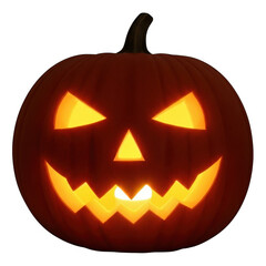 Fototapeta premium A carved halloween pumpkin with a scary face, glowing with an inner light, isolated on a transparent background