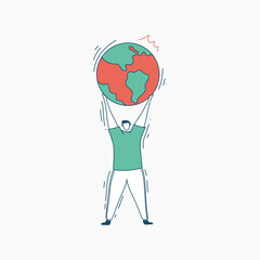 A man lifting a globe above his head, symbolizing responsibility for the planet.
