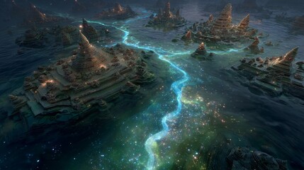 Submerged Atlantean cityscapes with ancient glowing migration paths beneath rippling water.