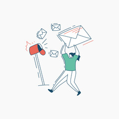 A person jumping with an envelope in their hands, a mailbox with a letter flying out of it, and other letters around them