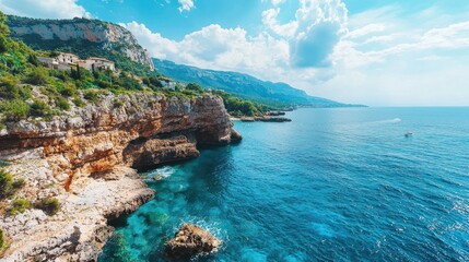 A picturesque coastal scene with rocky cliffs, clear blue water, and a small boat in the distance.